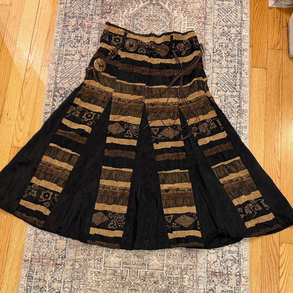 Boho Paneled Midi Skirt Brown Black Embroidered Beaded Coconut Button Belt‎ L